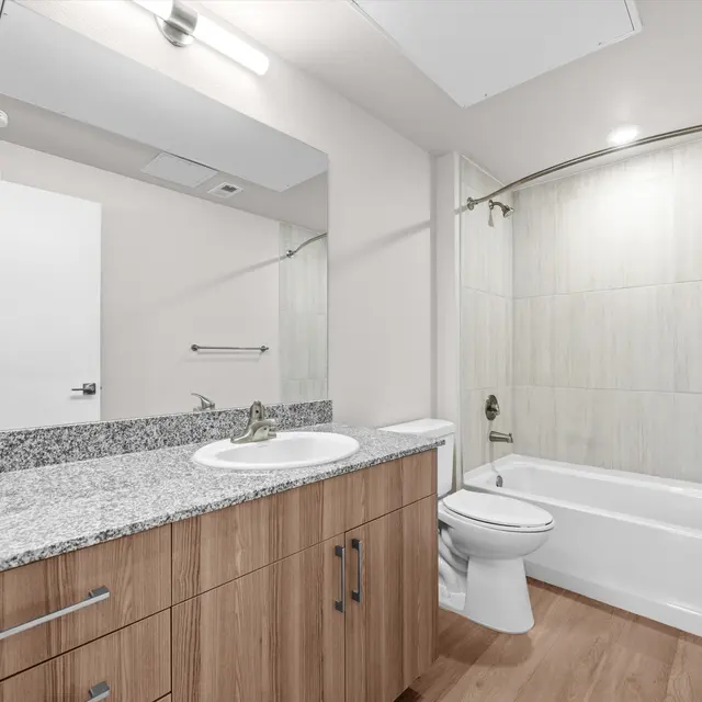 A modern bathroom featuring a granite countertop with a sink, wooden cabinets, a large mirror, and a bathtub with a shower curtain. The walls are tiled with light-colored tiles, and the floor is wooden.