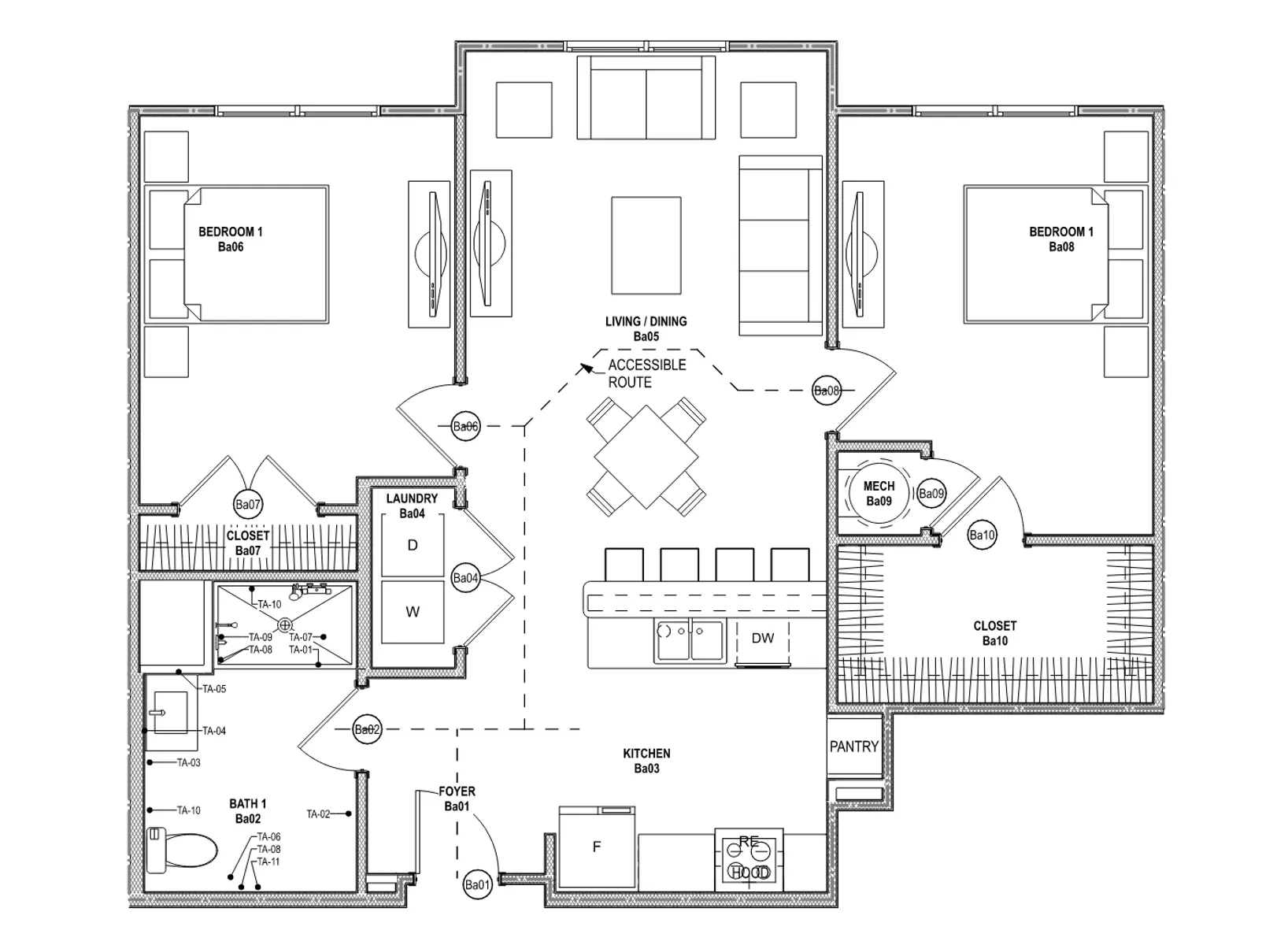 A detailed floor plan of a house featuring two bedrooms on either side, a central living and dining area, a kitchen, pantry, laundry, and accessible routes. Labels indicate various rooms and features.