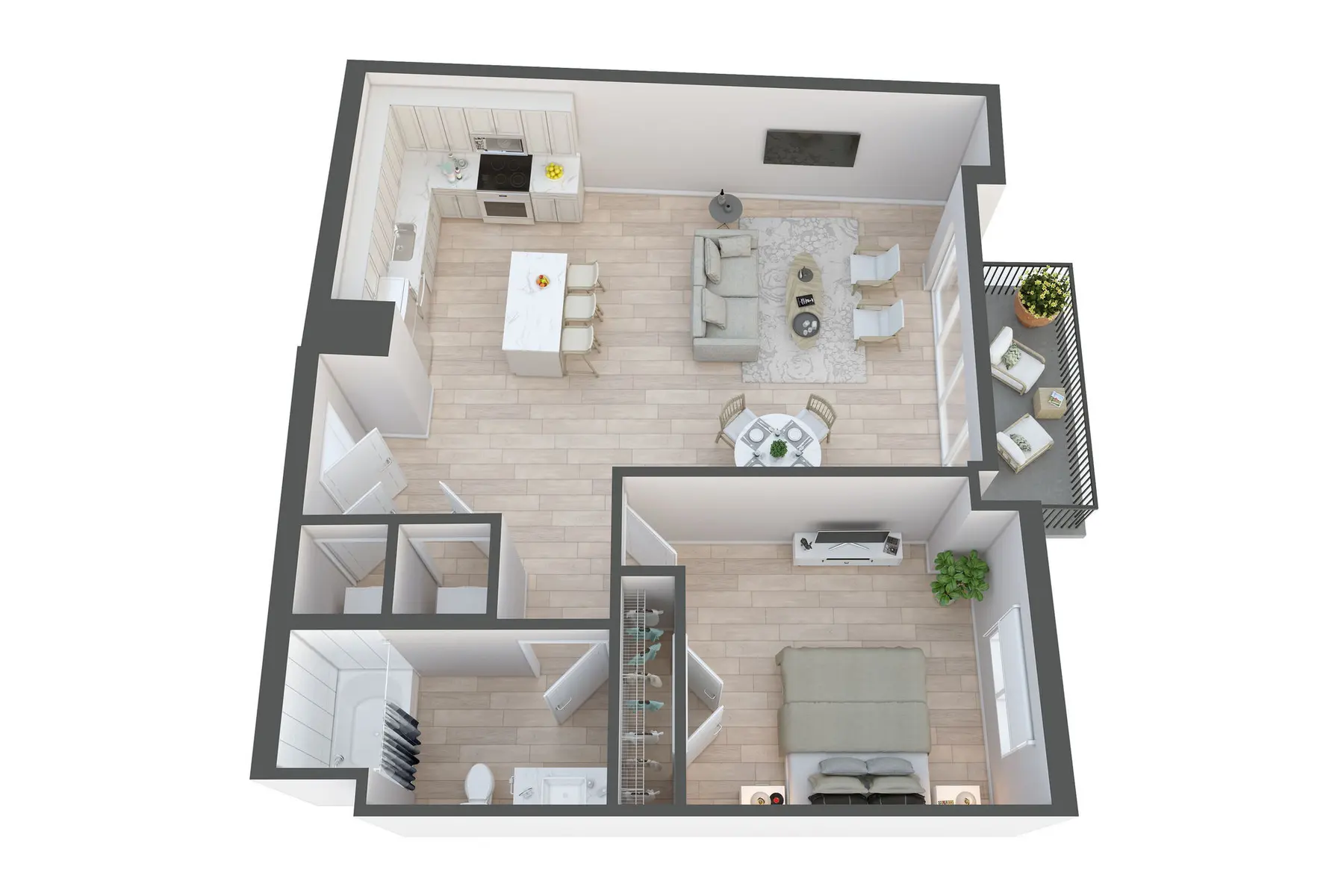 3D Apartment Floor Plan A 3D floor plan of an apartment featuring a living area, kitchen, dining space, bathroom, and bedroom.