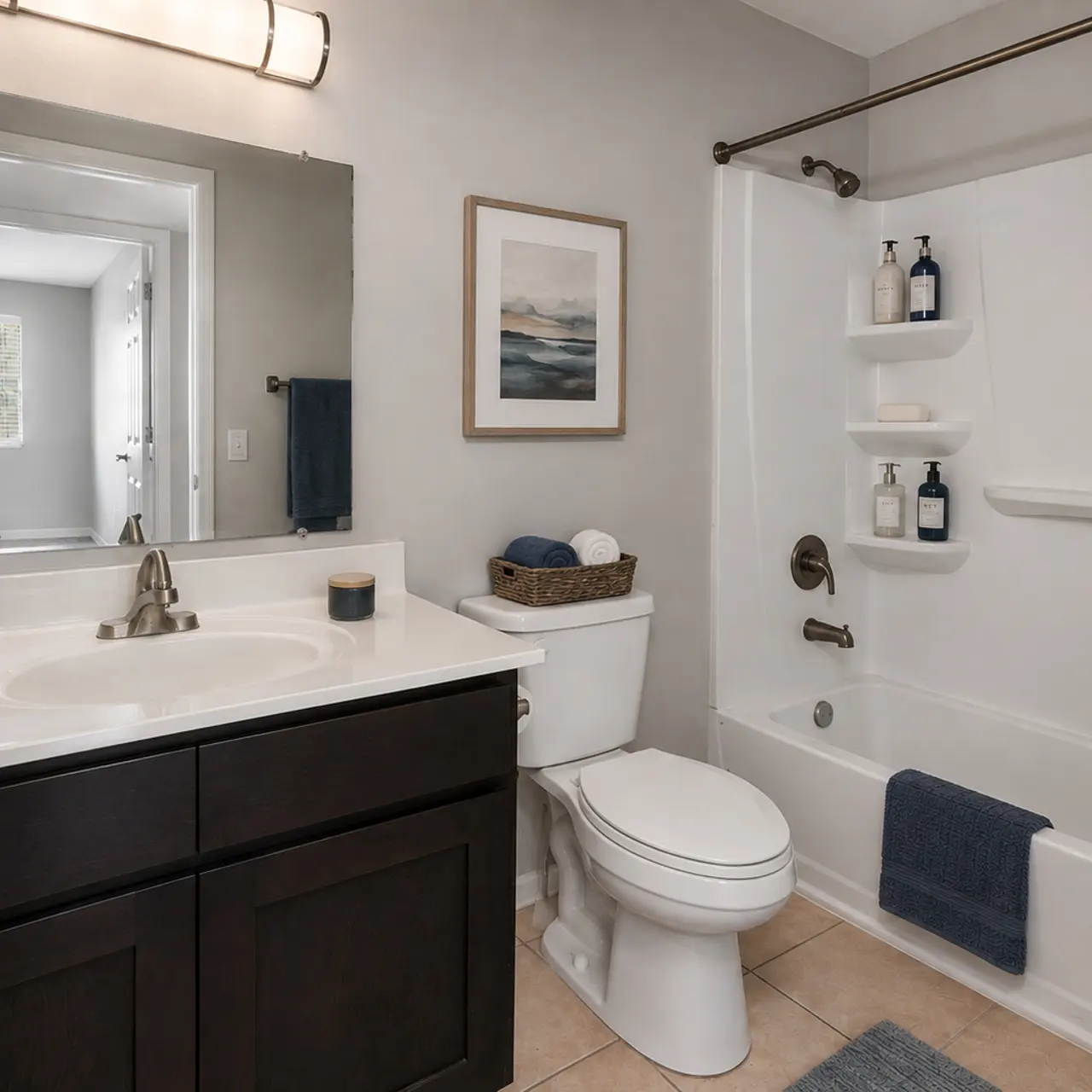 Elegant Bathroom Interior A well-lit bathroom featuring a bathtub with shower, dark wood cabinetry, and a mirror above the sink. Decorative items are neatly arranged on the counter and shelves.