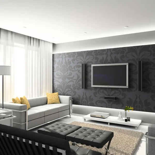 Modern living room featuring gray sofas, a black accent wall, a TV, and stylish decor with yellow cushions and a rug.