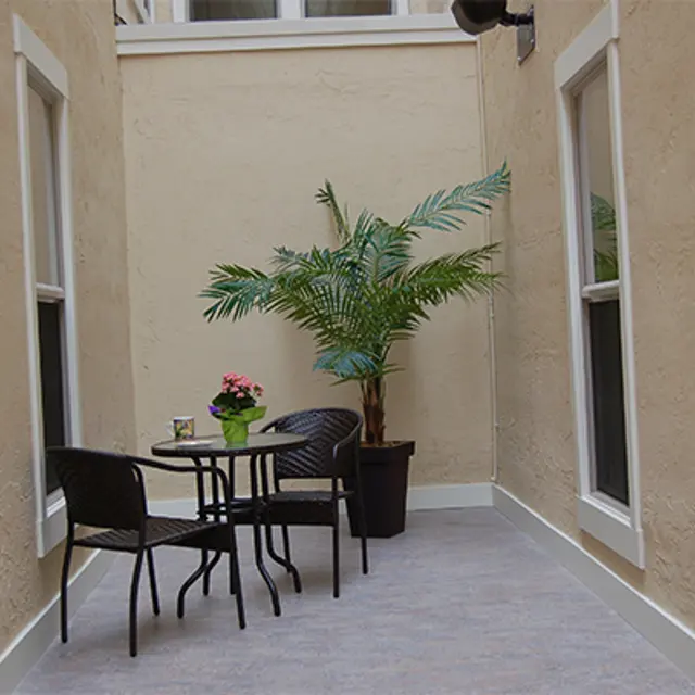 Cozy Patio Area A small, cozy patio area with a round table and two black chairs, featuring a potted plant and a flowering plant on the table, surrounded by beige walls.