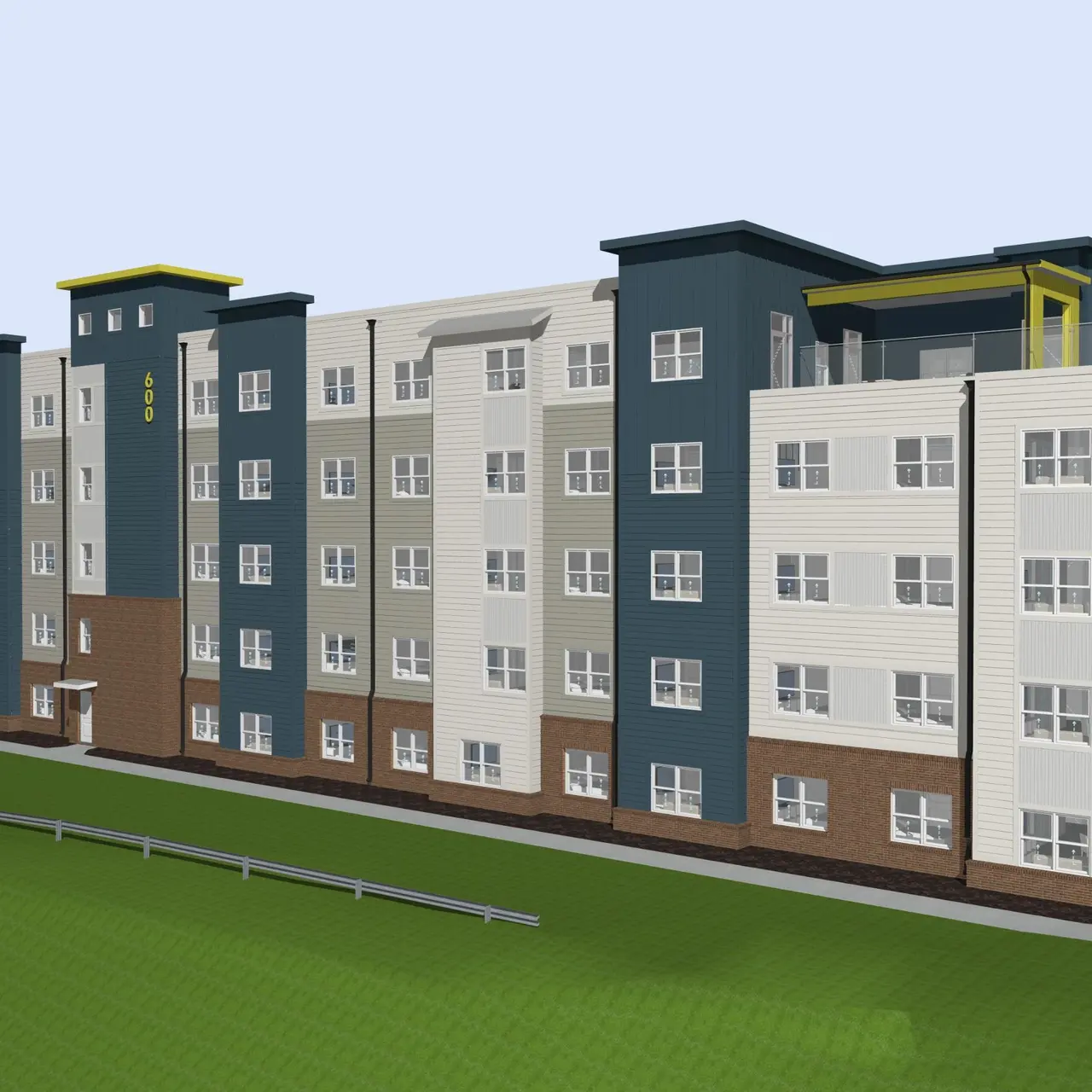 A 3D architectural rendering of a modern multi-story apartment complex featuring a mix of gray and white exterior panels, green accents, and windows on each floor.