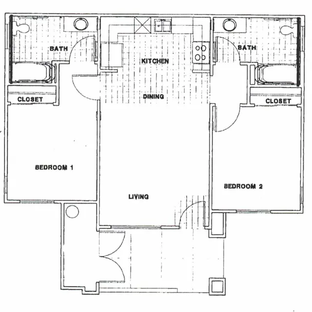 A floor plan of a two-bedroom apartment layout, featuring a kitchen, dining area, living room, and two bathrooms with closets.