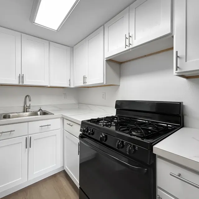 Modern Kitchen with White Cabinets and Black Appliances A modern kitchen featuring white cabinetry, a black gas stove, and a stainless-steel sink. The countertop appears to be a light-colored stone, and the kitchen has a minimalistic look with ample storage.