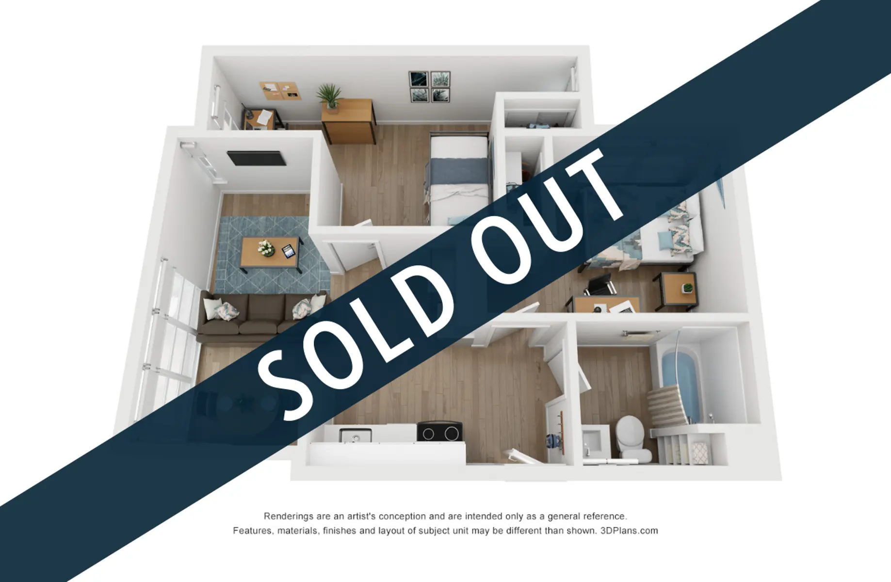 A 3D floor plan of a furnished apartment layout with multiple rooms, including a living area, bedroom, and bathroom, featuring a 'SOLD OUT' banner across it.