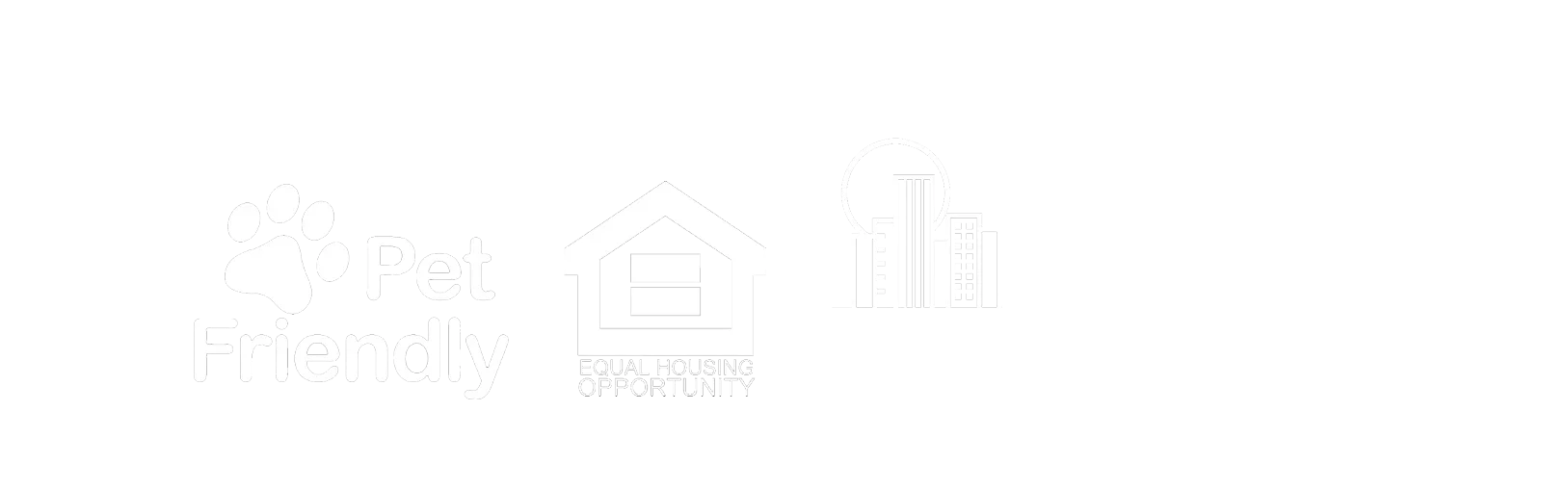 Logos representing pet-friendly services and professional management, including a paw print, a house, and the acronym PMI with a skyline illustration.
