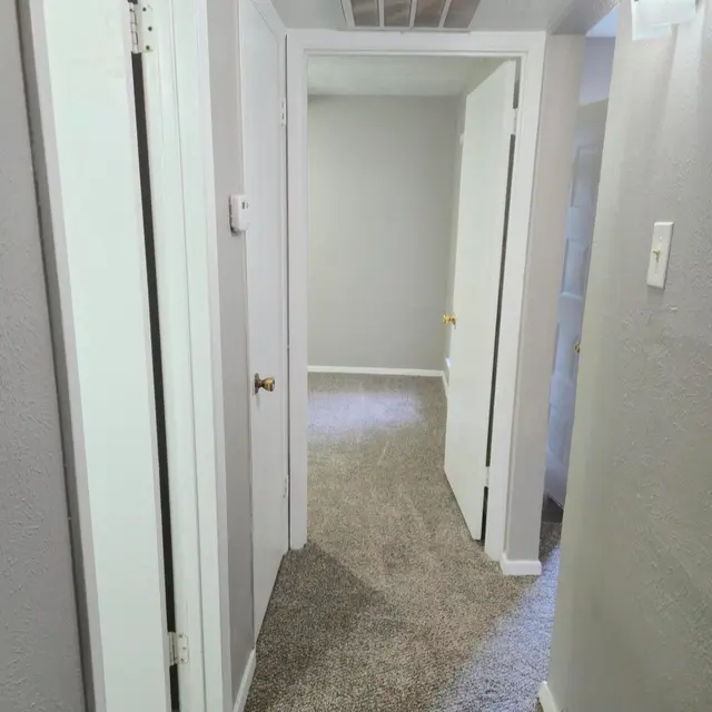 A view of a hallway with light gray walls and carpet, featuring multiple doors along the sides and light from a wall sconce.