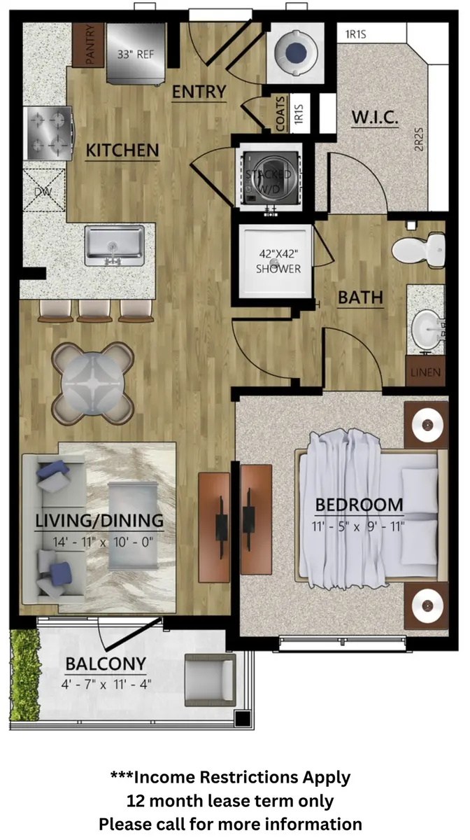 A detailed floor plan of a one-bedroom apartment, showcasing an entryway, kitchen, living/dining area, bedroom, bathroom, and a balcony, along with dimensions for each room.