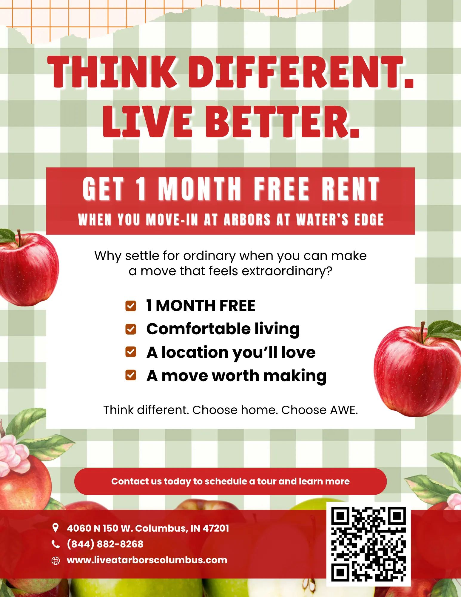 Promotional flyer for Arbors at Water's Edge offering one month free rent.