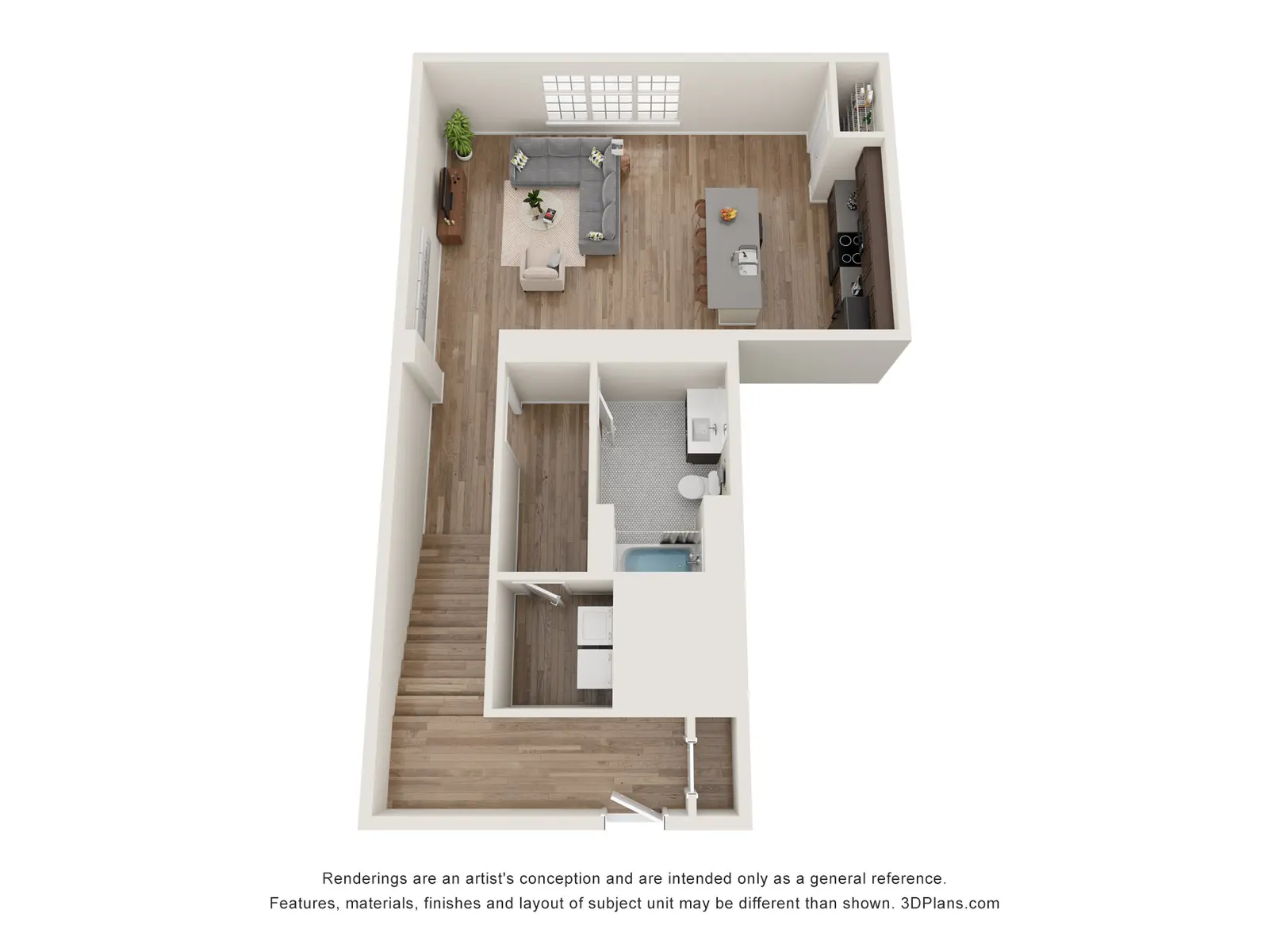 3D rendering of a 1-bedroom apartment layout at Woodrow Apartments in Fargo with open living room and kitchen