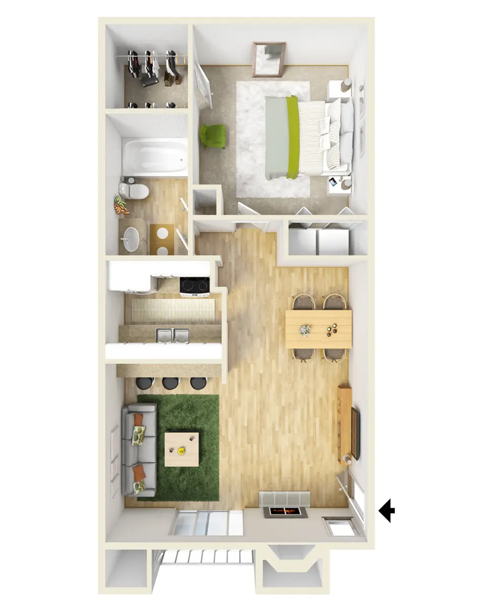 A top-down view of a modern apartment floor plan, featuring a living area, kitchen, dining space, and two bedrooms, along with a bathroom and closet.
