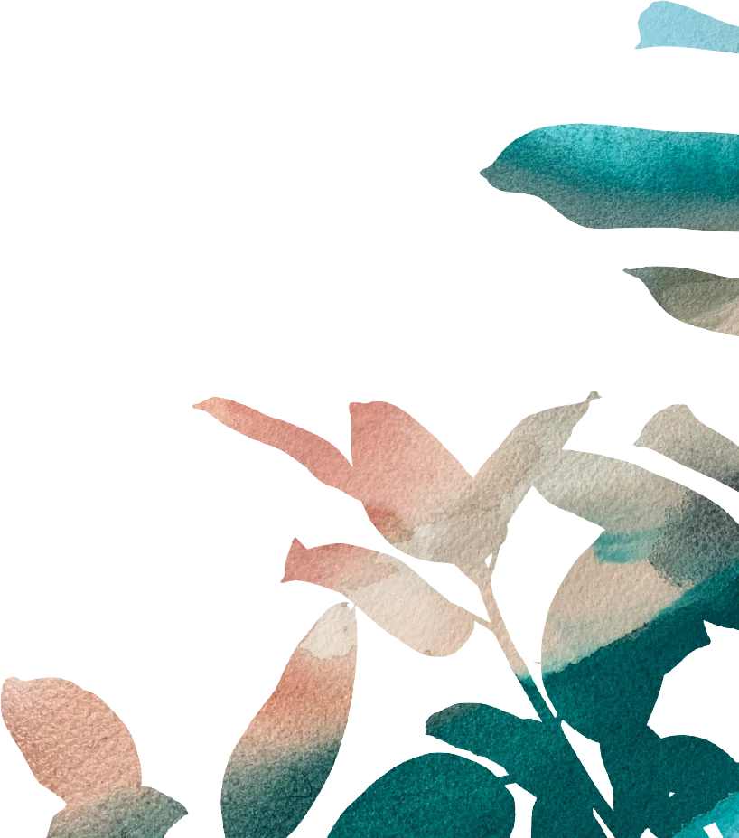 Stylized Watercolor Leaves Abstract watercolor leaves in shades of green, blue, pink, and peach.