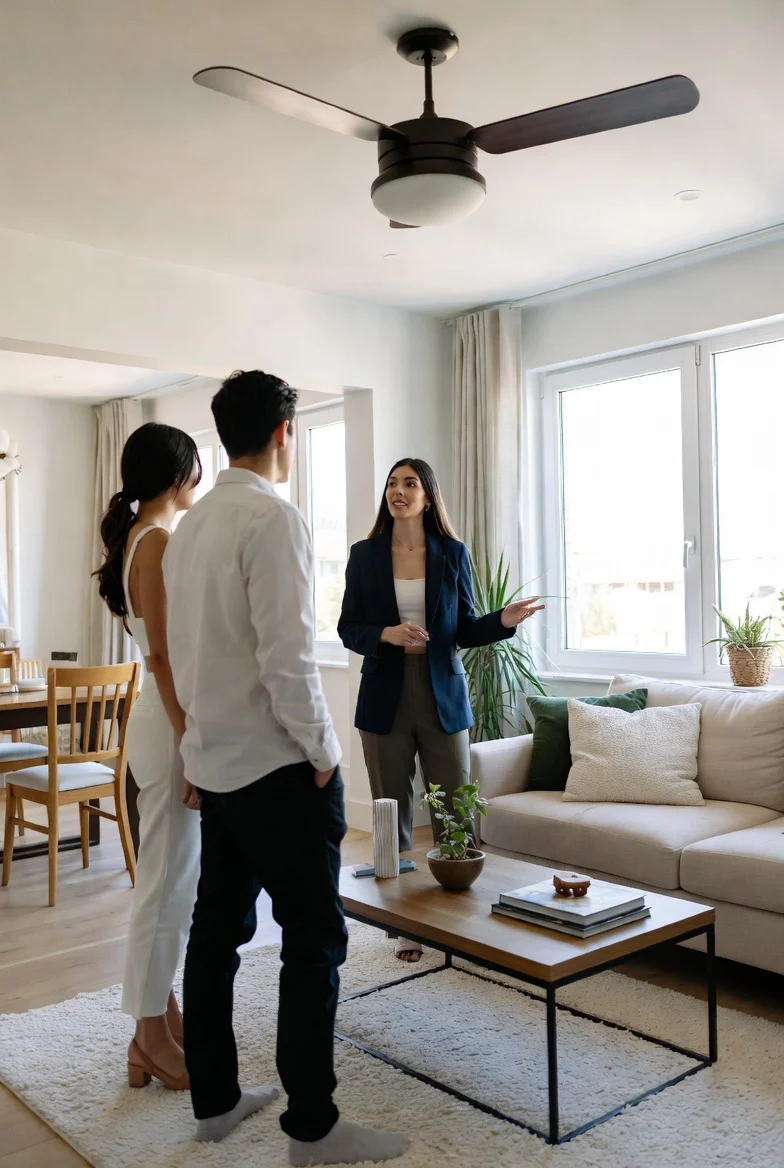 Real Estate Meeting in Modern Living Room A real estate agent discusses a property with two clients in a modern living room. The agent, wearing a blazer, gestures as she talks to the clients, who are standing in front of a sofa and a coffee table. Sunlight streams through large windows in the background, and there are plants in the room, creating a vibrant atmosphere.