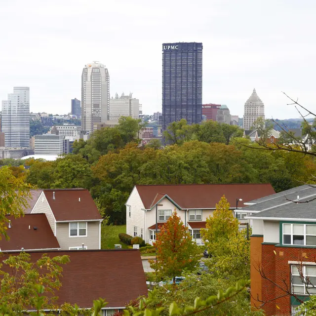 Pittsburgh Skyline with Residential Area A view of a city skyline behind some residential buildings and trees. The skyline features tall skyscrapers and a mix of modern architecture.