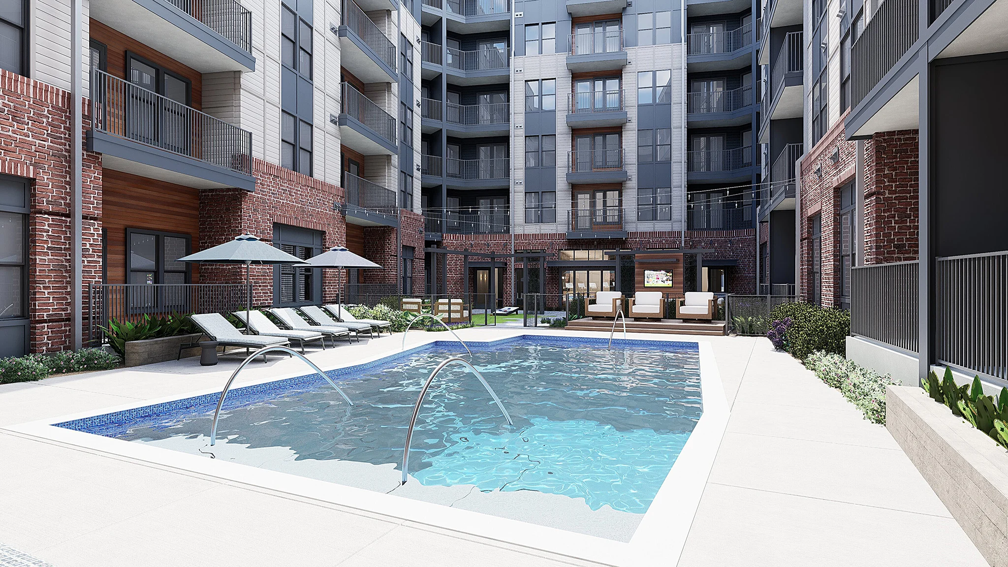 Modern Apartment Pool Area A modern apartment complex featuring a swimming pool with lounge chairs and umbrellas. Surrounding the pool are plants and buildings that have a mix of brick and contemporary design.