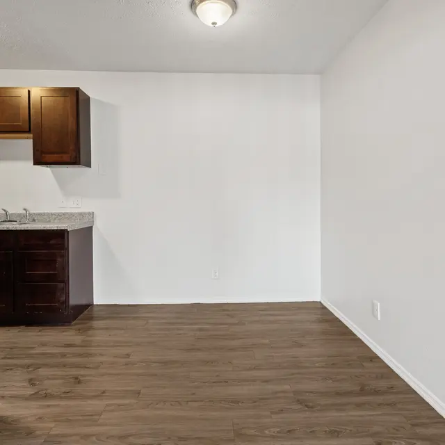 Interior view of a modern kitchen with dark wood cabinets and a light-colored wall