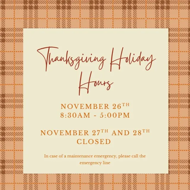 Informational graphic detailing Thanksgiving holiday hours with a plaid background.