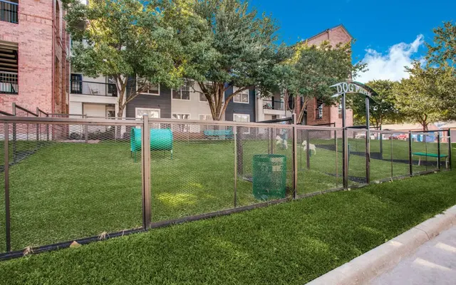 A fenced area of a dog park featuring green turf, agility equipment, and trees nearby with an apartment building in the background.