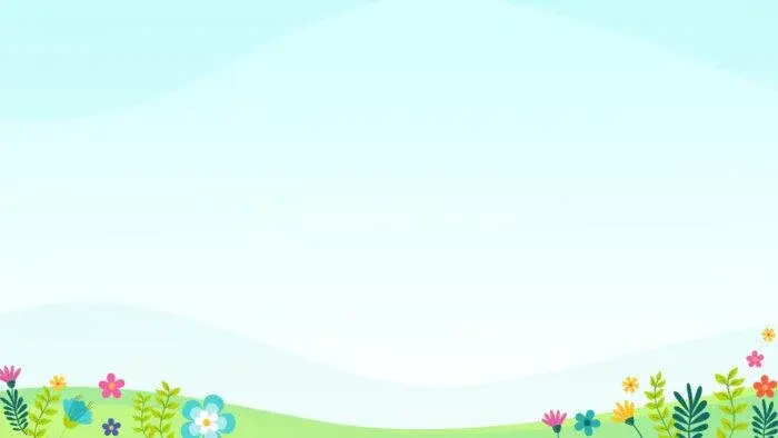 A colorful spring-themed background featuring a light blue sky and a grassy landscape adorned with various flowers and plants.
