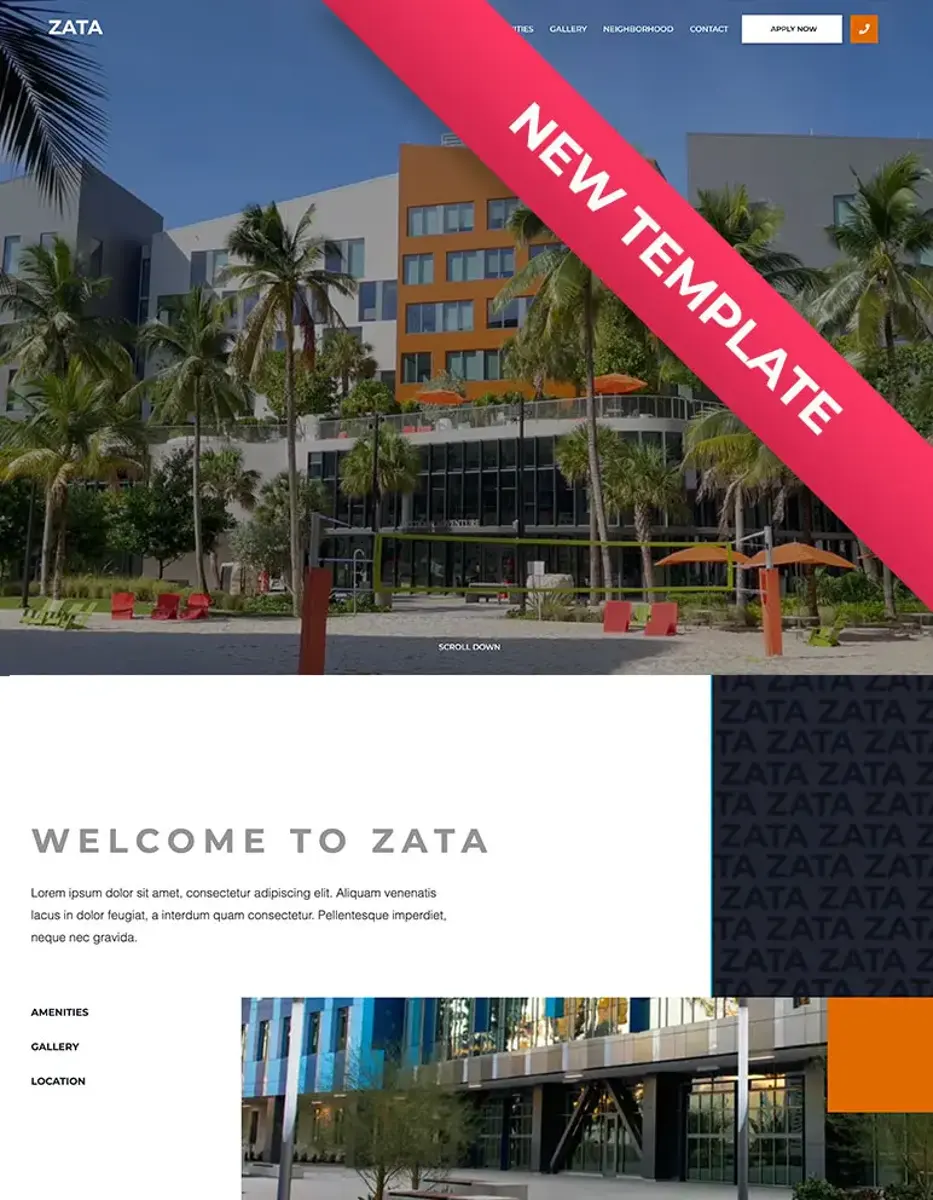 A modern website template for Zata, featuring a vibrant exterior with palm trees and a blue sky. The layout includes sections for amenities, gallery, and location, with a welcome message.