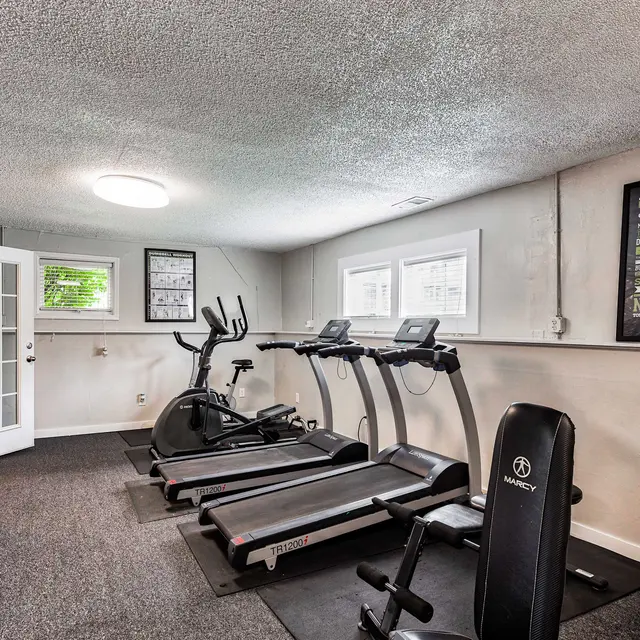 A well-equipped home gym featuring exercise machines including treadmills and an elliptical, with motivational posters on the walls and natural light coming through the windows.