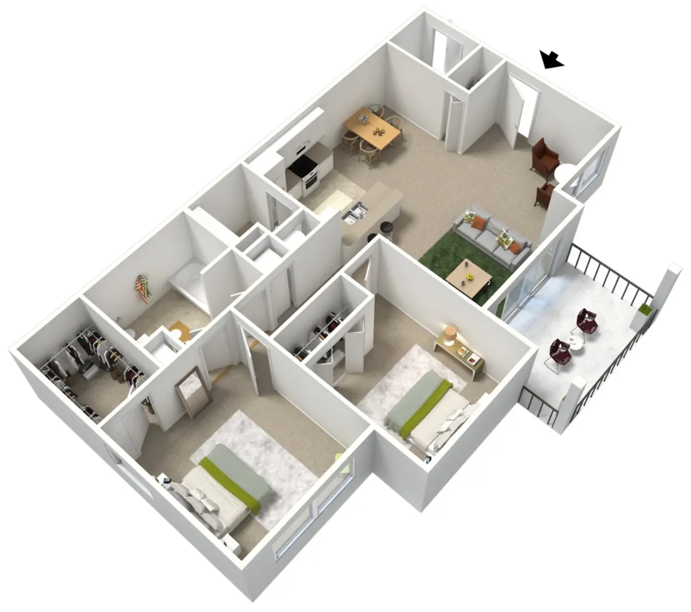 3D floor plan of an apartment featuring two bedrooms, a living area, a kitchen, and a dining space.