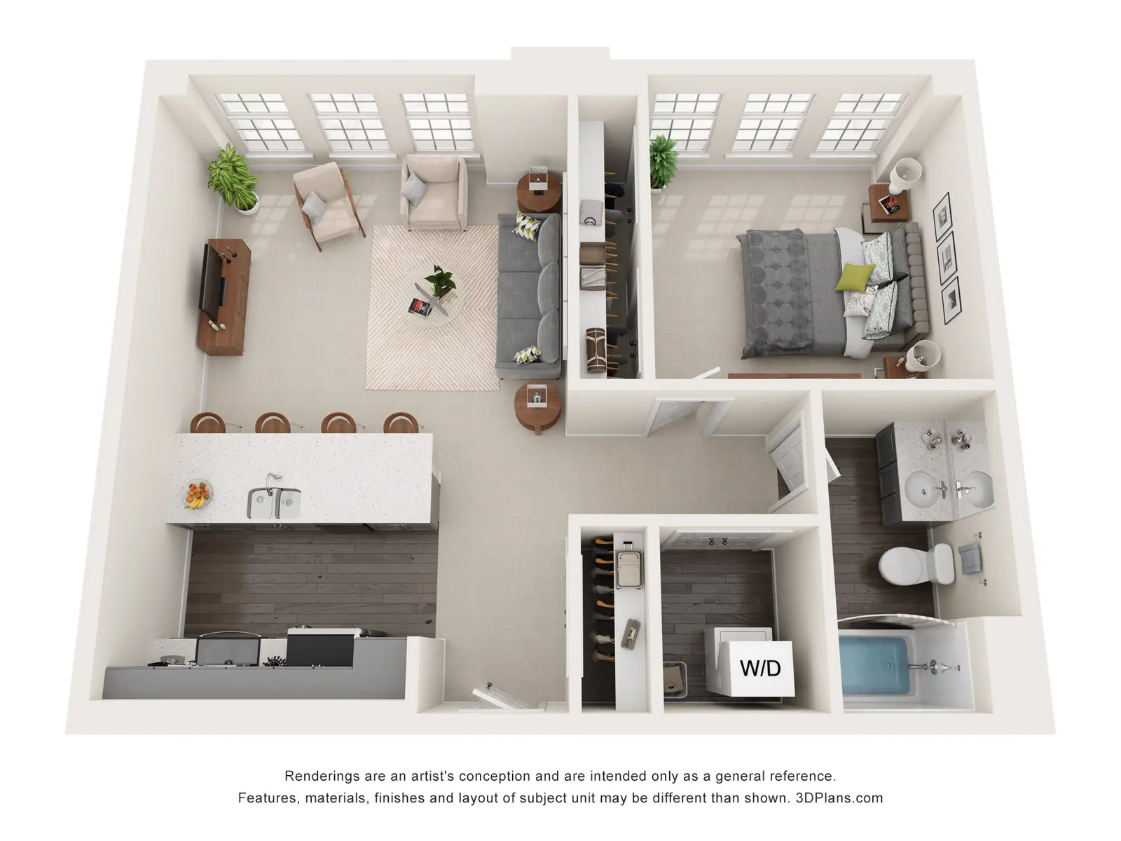 Corner One-Bedroom Apartment – The Woodrow Fargo 3D layout of a corner one-bedroom apartment at The Woodrow Fargo, showing open kitchen, spacious living room, bedroom with large windows, and bathroom