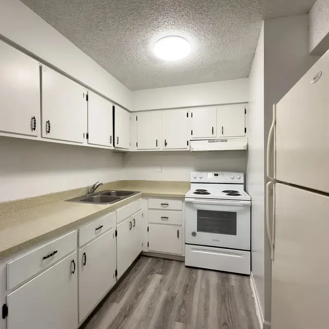 A modern kitchen featuring white cabinets, a light-colored countertop, a sink, a stove, and a refrigerator.
