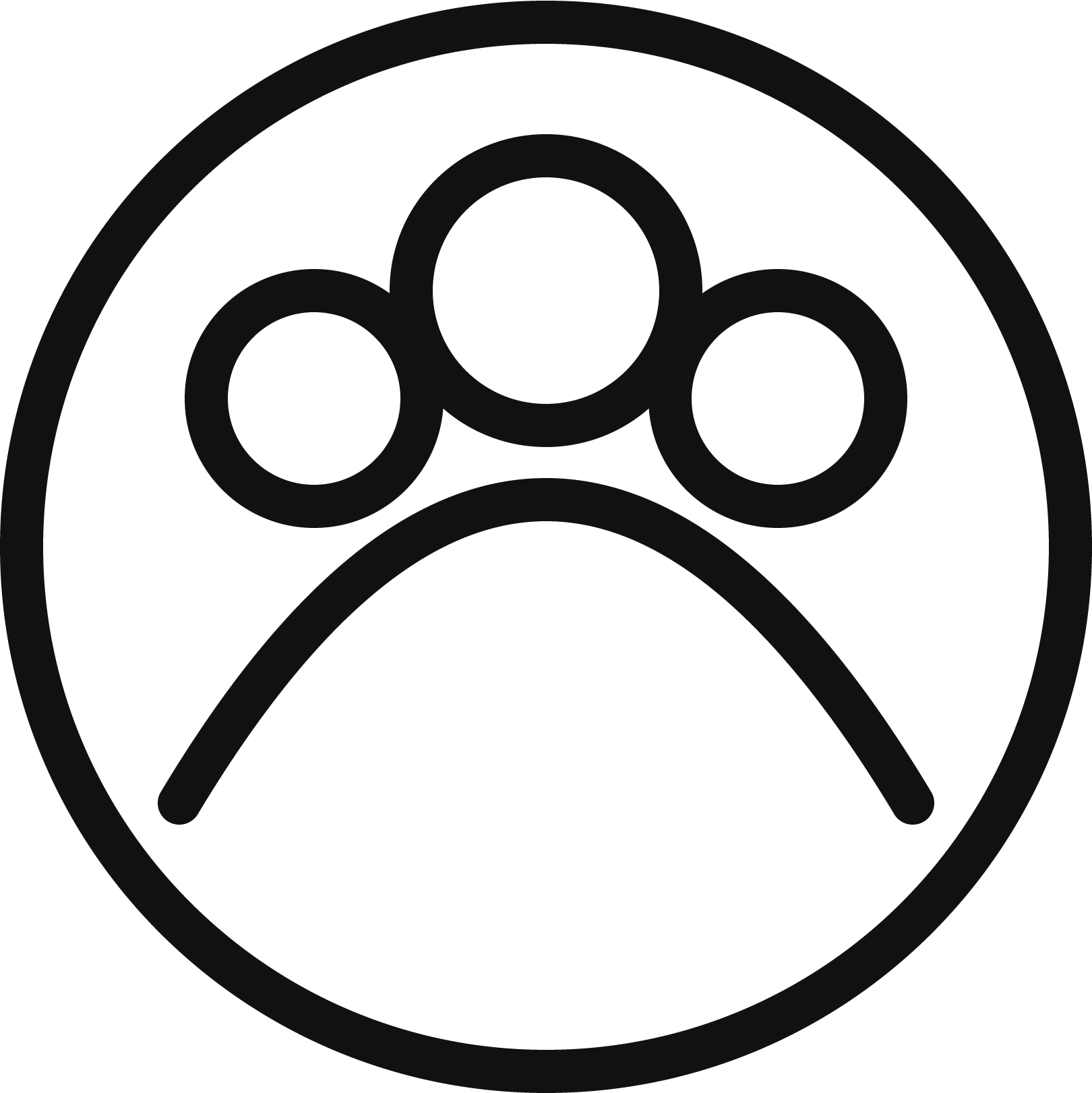 A minimalist icon depicting three circles above a curved line, enclosed within a circle, symbolizing community or collaboration.