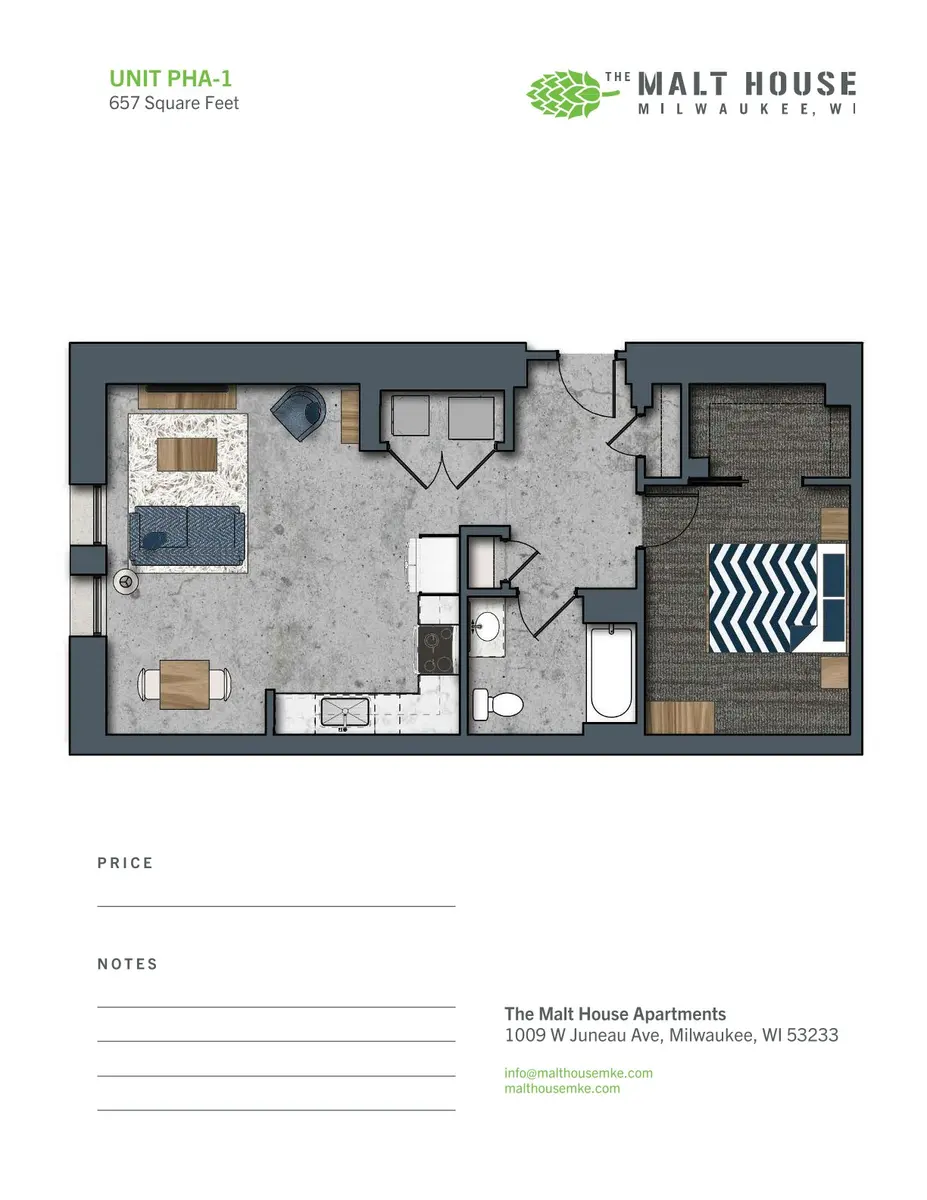 Floor plan of a one-bedroom apartment layout at The Malt House, Milwaukee, WI