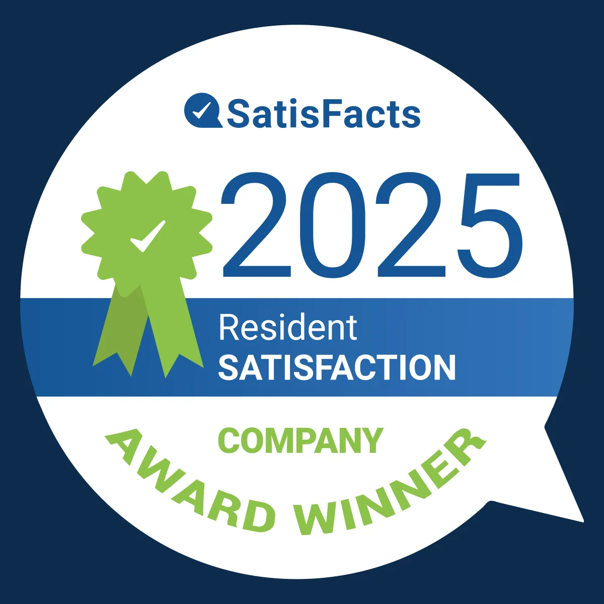 A circular award badge featuring the text '2025 Resident Satisfaction Company Award Winner' with a green ribbon icon and logo of SatisFacts.