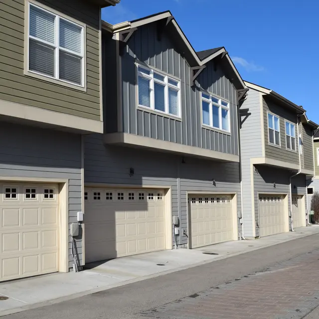 Row of Modern Houses A row of modern houses with garages, featuring a mix of colors and architectural styles under a clear blue sky.