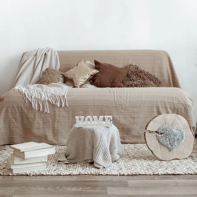 Cozy living room scene with beige couch, decorative pillows, soft rug, books, and natural elements for a warm atmosphere.