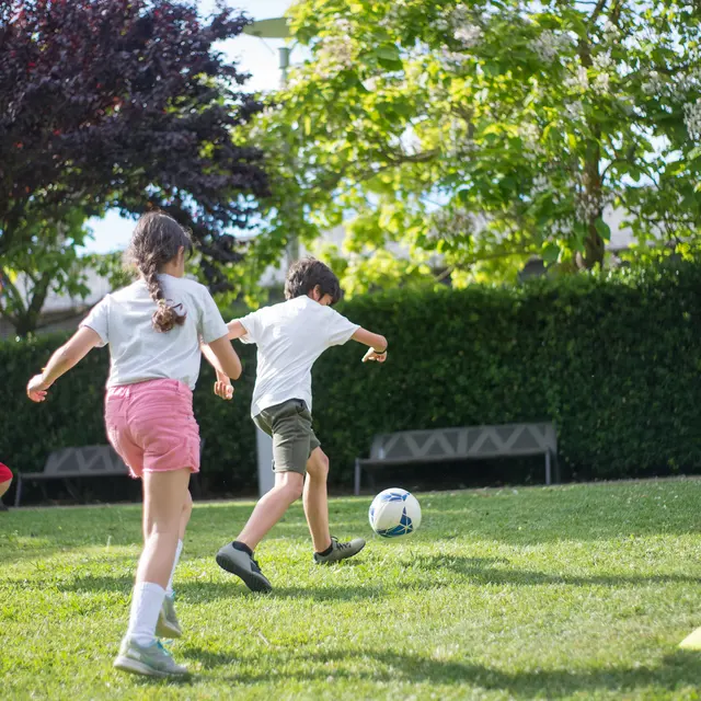 Four children playing soccer on a grassy field, with trees in the background.