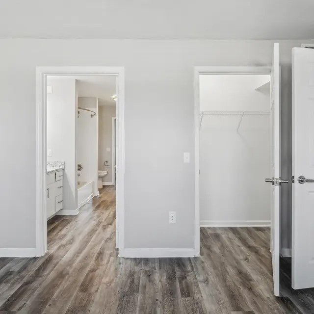 Light-filled room featuring gray walls, wood-style flooring, and two open doorways leading to a bathroom and closet.
