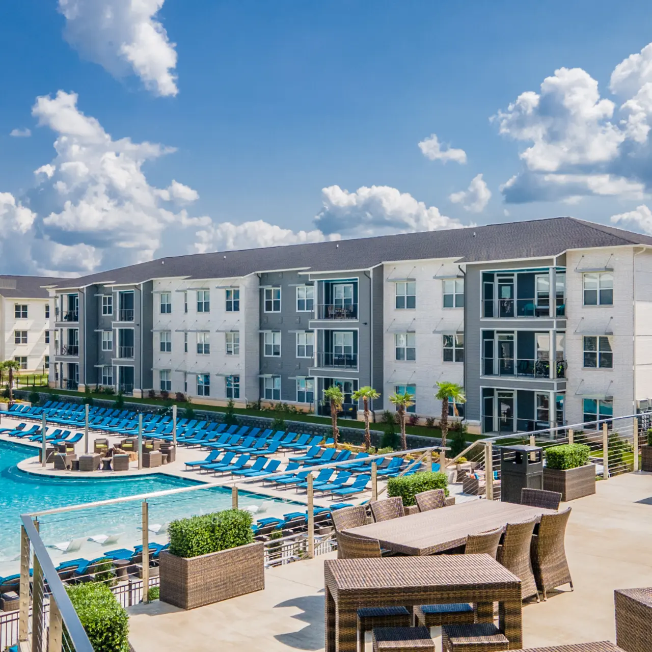 Poolside Veranda - The Pointe North Hills Aerial view of veranda overlooking the resort-style pool at The Pointe North Hills.