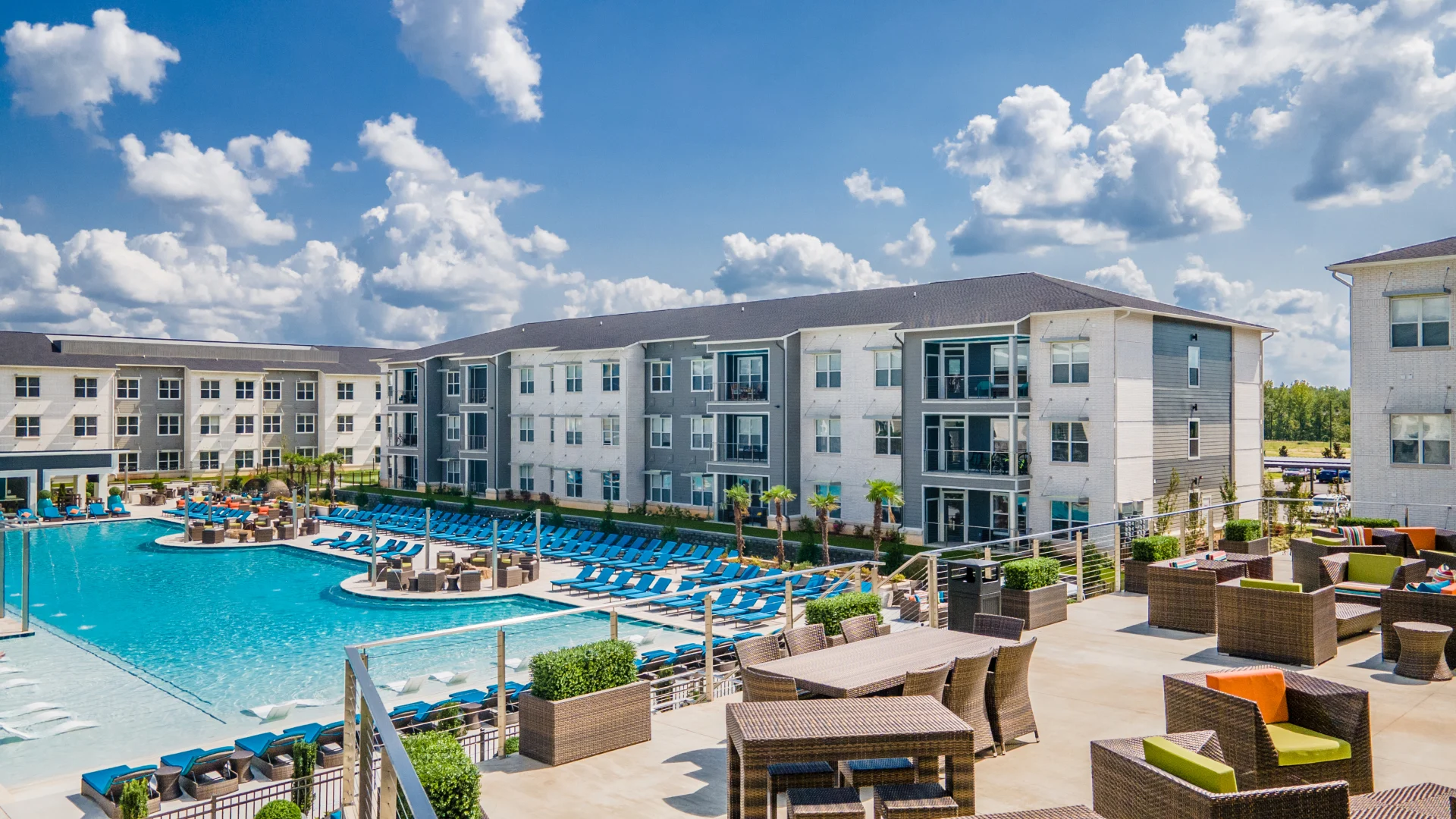 Aerial view of veranda overlooking the resort-style pool at The Pointe North Hills.