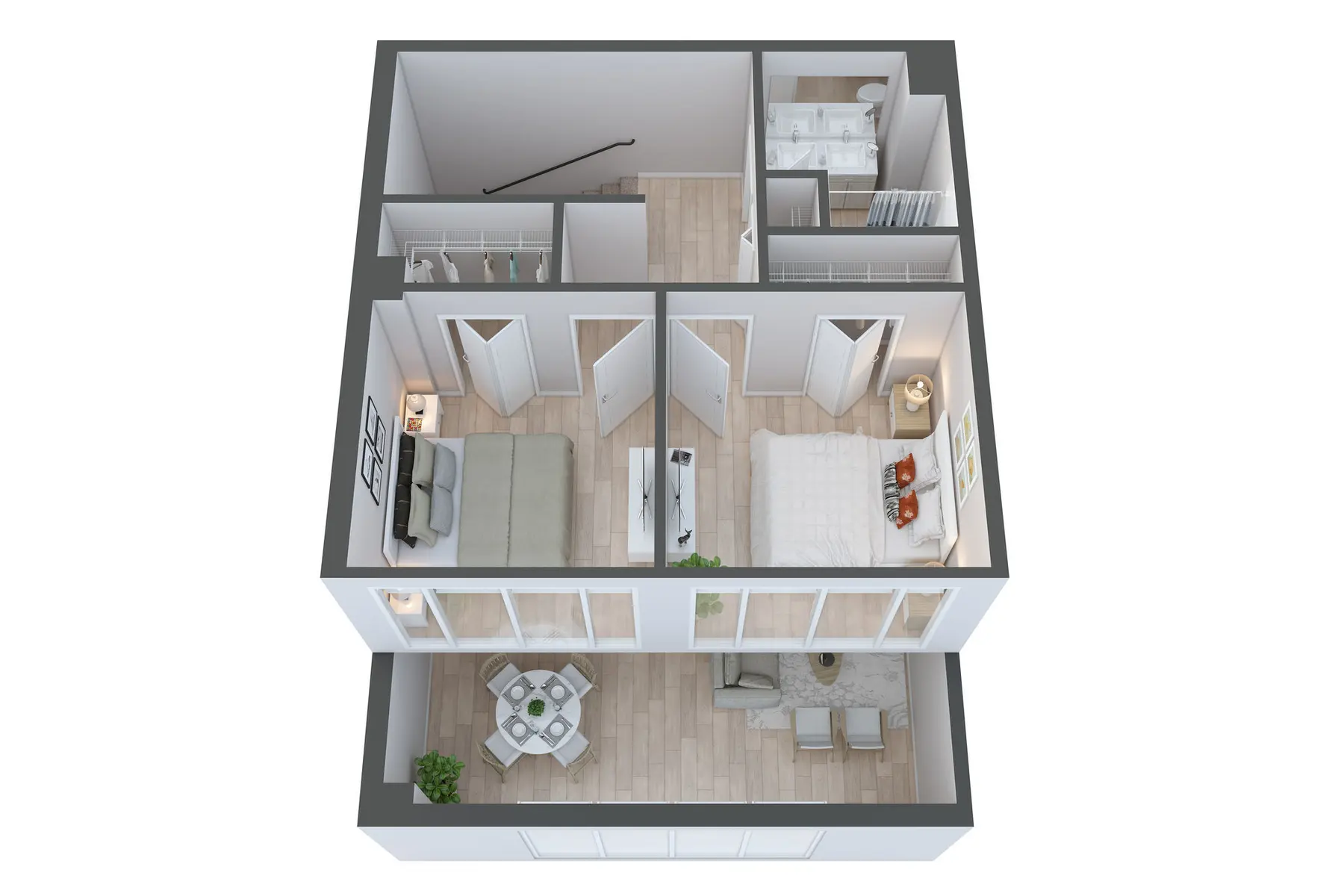 A top-down view of a modern apartment layout featuring two bedrooms, a living room, a dining area, and a kitchen.