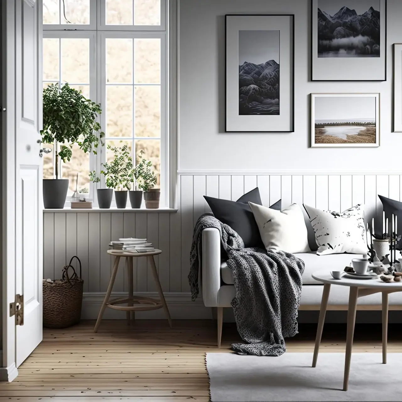 A cozy, modern living room with a light color palette. A white couch adorned with decorative pillows sits against a white and wood-paneled wall. A small wooden table in front holds a teapot and cups. Large windows let in natural light, illuminating potted plants and wall art above the couch. The floor is wooden with a soft rug underneath.