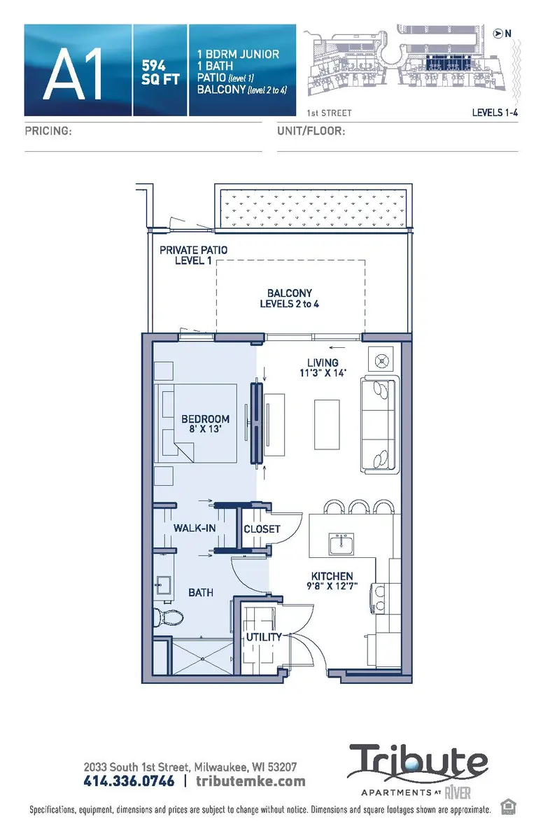 One-Bedroom Junior Apartment Floor Plan Floor plan for a one-bedroom junior apartment with a bathroom and balcony.