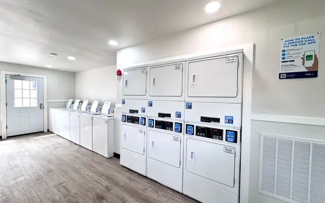 Modern Laundry Room A clean and modern laundry room featuring multiple washing machines and dryers. The floors are light-colored wood, and there is a door leading outside. Informational signage is visible on the wall.