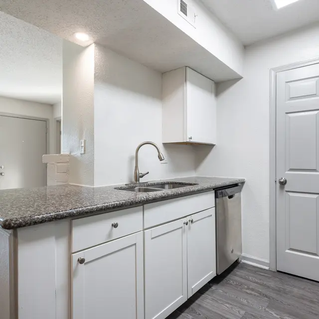 A modern kitchen featuring a granite countertop, a stainless steel dishwasher, and white cabinets. Natural light is coming from a nearby window.