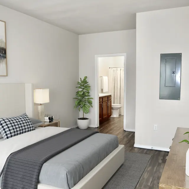 A modern bedroom featuring a light-colored bed with gray and white bedding, a decorative plant, and a nightstand with a lamp. The room has a neutral wall color and a piece of artwork above the bed. A doorway leads to a bathroom in the background.