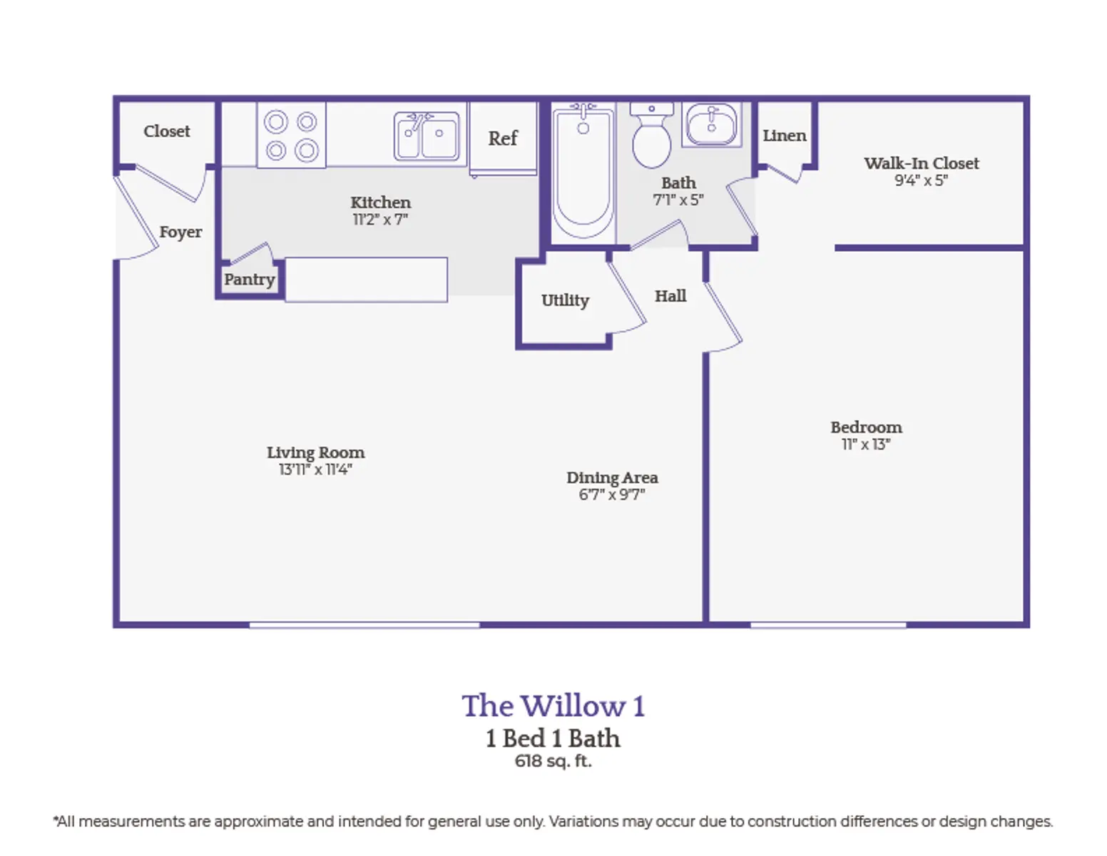 Floor plan of The Willow 1 apartment featuring a 1 bedroom and 1 bathroom layout with kitchen, living room, dining area, and closet spaces.