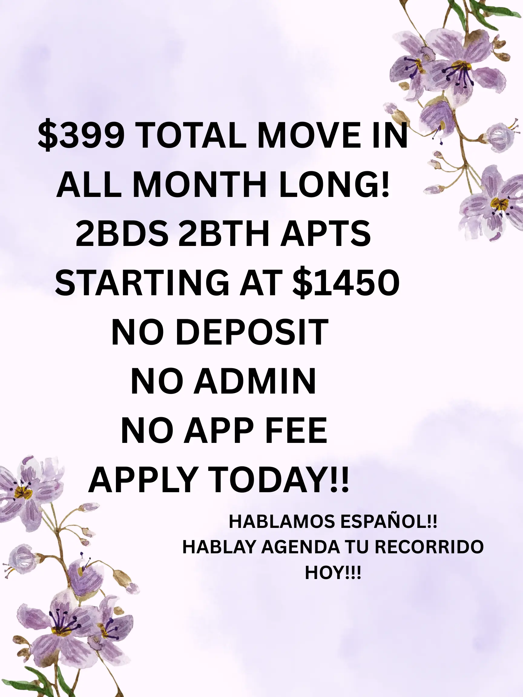 A promotional advertisement for apartment rentals featuring floral accents and text highlighting a move-in deal.