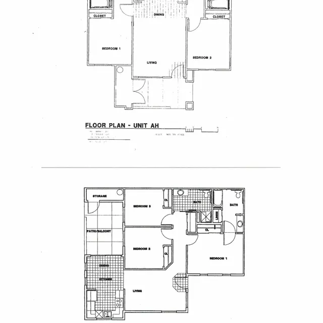 A floor plan diagram showing two units labeled Unit AH and Unit BH. The top section represents Unit AH with labeled rooms such as bedrooms and living spaces. The bottom section displays Unit BH with a different layout of rooms including bedrooms, kitchen, and living space.