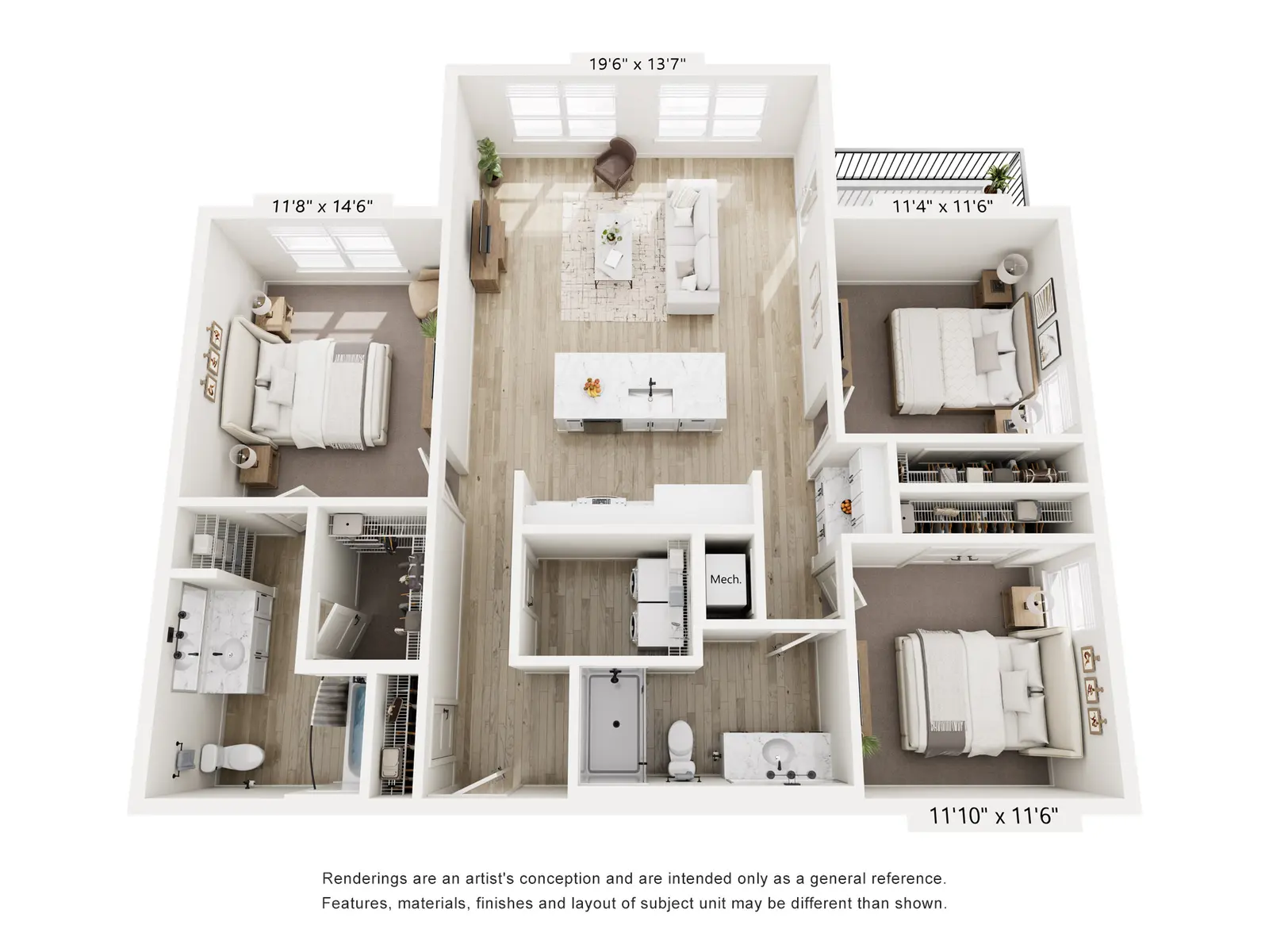 A 3D rendering of a residential floor plan showing various rooms including a living area, kitchen, and bedrooms, with dimensions labeled for each room.