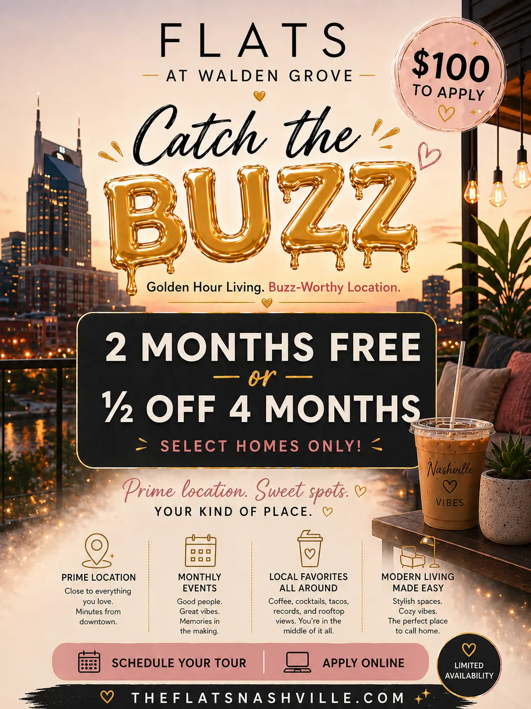 Promotional flyer for Flats at Walden Grove with a city skyline backdrop, balloons, and discounted rental offers.