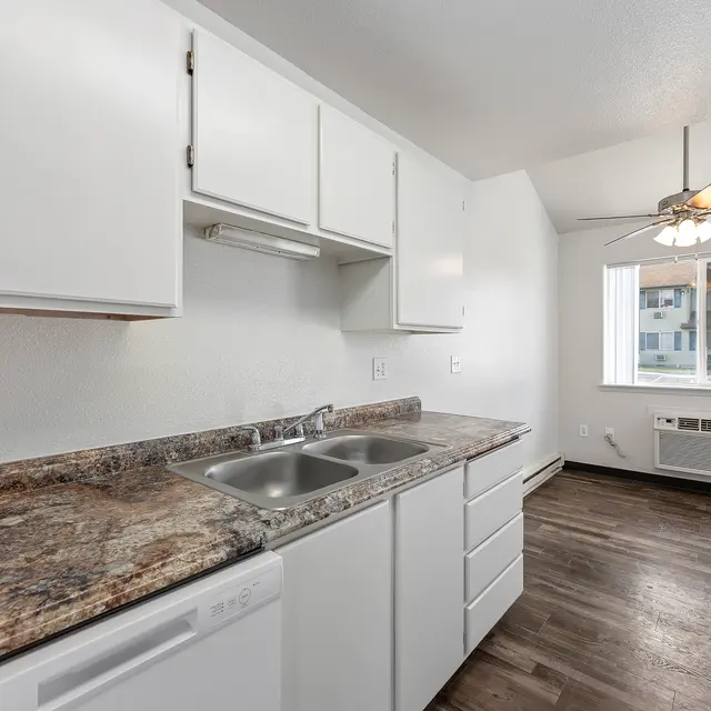 Modern Kitchen Interior A modern kitchen featuring white cabinets, a double sink, and granite countertops. There's a ceiling fan and a window allowing natural light in, with a view of nearby buildings.